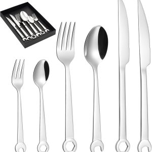 Honeydak 6 Pieces Silverware Tool Cutlery Set Stainless Steel Tableware Set Tool Fork, Knife and Spoon Gift Box Storage Housewarming Mechanic Gifts Wrench for Kitchen Utensil Camping Travel