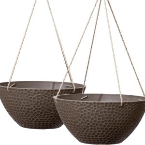 LA JOLIE MUSE Hanging Planters for Outdoor Plants, Large Outdoor Hanging Planters with Drain Holes Ash Brown, Honeycomb (13.2 Inch, Set of 2)