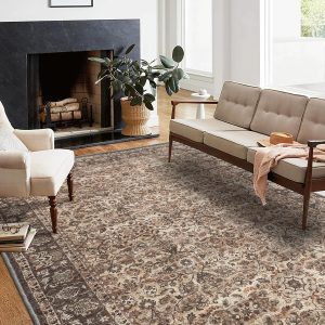 RYB HOME Machine Washable Area Rug 5x8 for Living Room, Floral Pattern Vintage Boho Rug for Bedroom, Soft Faux Wool Stain Resistant Carpet for Dining Room Office Guest Room, 5x8 ft, Brown